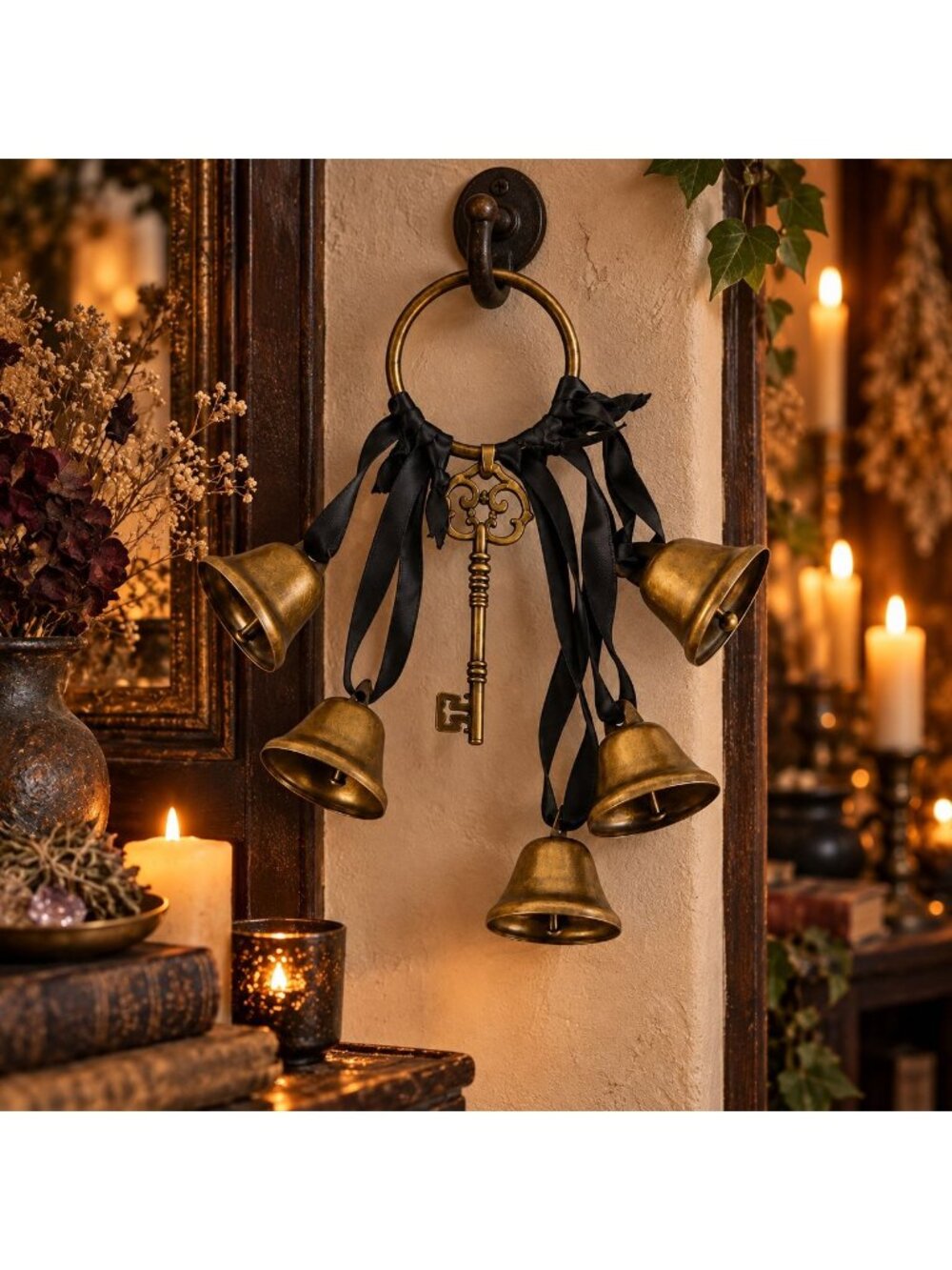 Brass-Tone Witch Bells with Skeleton Key & Black Ribbon - Picture 4 of 6